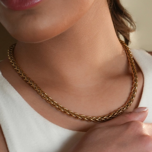 18K Gold Plated Cable Linked Necklace*Interlocking Wheat Chain*Unisex*YB - Picture 3 of 7